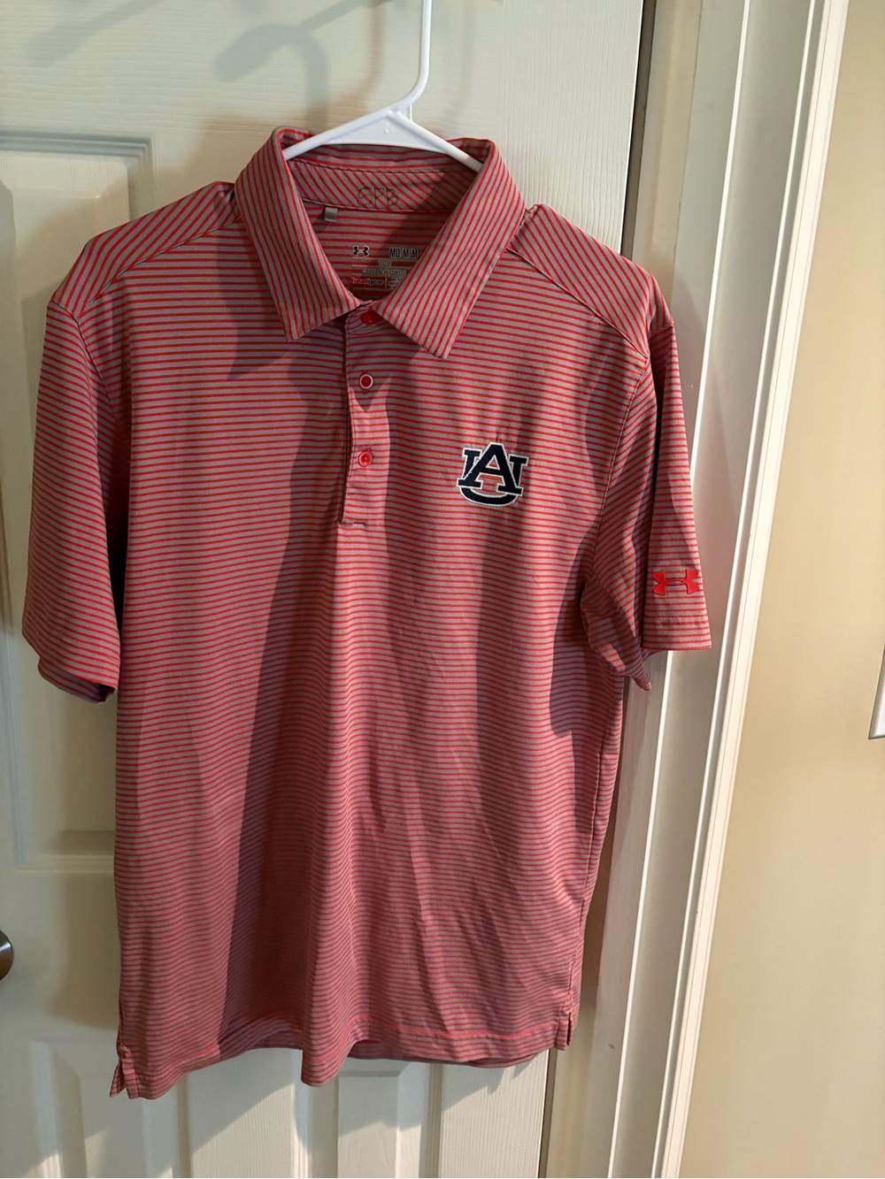 Under Armour Auburn Tigers Coral and White Stripe Polo